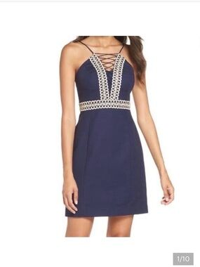 Lilly Pulitzer Navy Trista Metallic Detail Resort Lace Up Neckline Shift Dress
